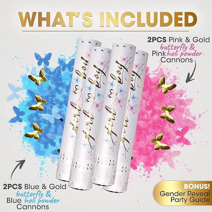 PrimePure Gender Reveal Confetti Cannon - Butterfly Confetti Popper & Biodegradable Powder Cannon - Pink & Blue, 4 Pack - Baby Girl or Boy Gender Reveal Smoke Bombs Baby Powder Paper Party Poppers