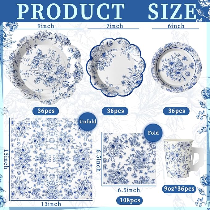 Pickmesh 252 Pcs Blue Floral Tea Party Supplies for 36 Guests Blue and White Porcelain Paper Disposable Dinnerware Floral Teacups with Handle and Saucers Set for Tea Party Decorations Birthday Wedding