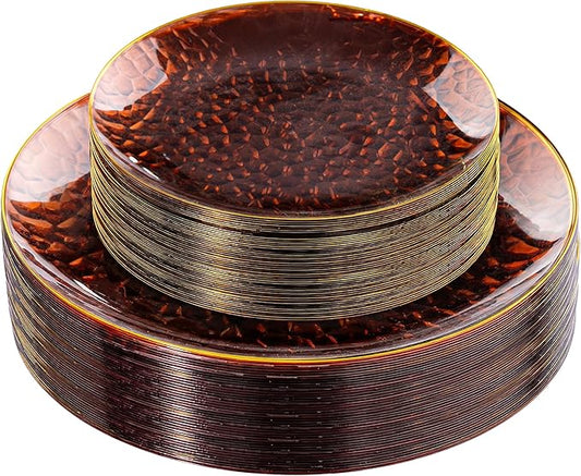 Rubtlamp 60Pcs Amber Plastic Plates - Brown Disposable Plates With Gold Rim, Clear Heavy-duty Party Plates, Hammered Plates Include 30 Dessert Platos, 30 Dinner Platos for Party