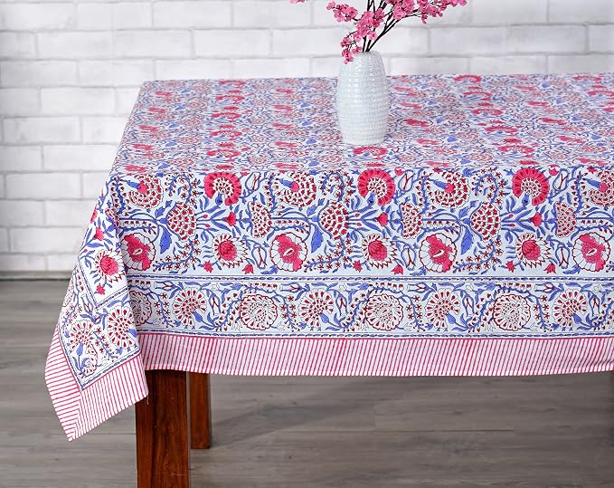 Ridhi Pigeon Blue Hand Block Print Cotton Rectangle Tablecloth 118 x 70 inch-Reusable Table Cover Decorative Everyday Use for Dining Room, Farmhouse, Thanksgiving, Christmas Wedding, Fall
