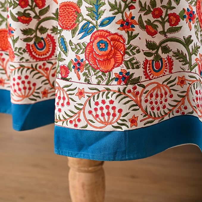 Hand Block Printed Tablecloth – Colorful Floral Print | 100% Cotton | Indian Artisan Handmade Art | Dining Room, Kitchen, Outdoor Décor, (Peach Floral, 6 Napkins, 72 Inches Round)