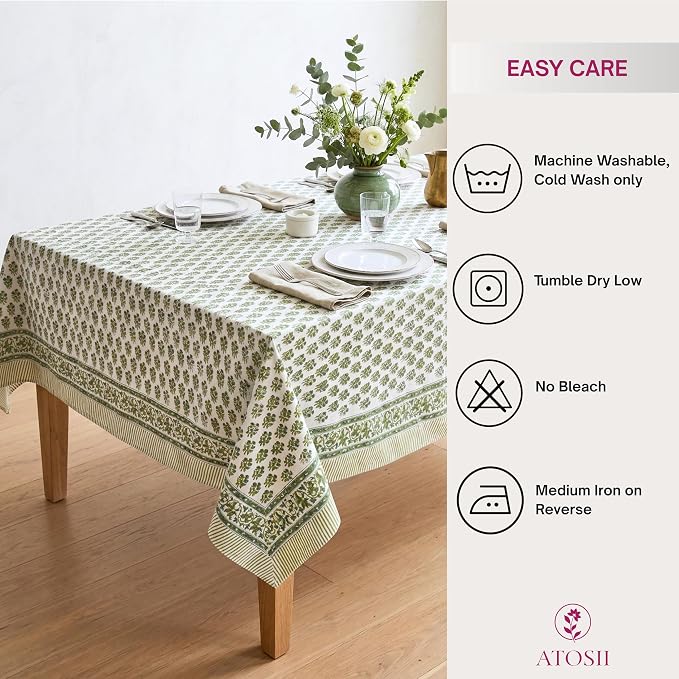ATOSII Ivy Green 100% Cotton Rectangle Spring Summer Tablecloth, Handblock Floral Print Linen Table Cloth for Kitchen Dining I Parties, Weddings, Outdoors, Easter Decor 60 X 90 Inches, 6 Seater