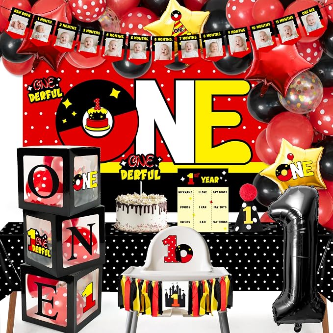 Mouse 1st Birthday Decorations for Baby - 1st Mouse Theme Party Supplies for Baby Shower Decoration Include Birthday Hat Cake Topper Backdrop Tablecloth Photo Banner Arch Balloon Boxes Poster