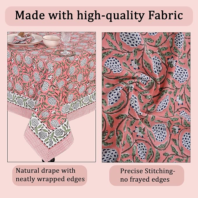 Ridhi Dark Salmon Pink Hand Block Print Cotton Rectangle Tablecloth 90" x 60" inches Reusable Table Cover Decorative Everyday Use for Dining Room, Farmhouse, Home Gift for Spring, Mother's Day