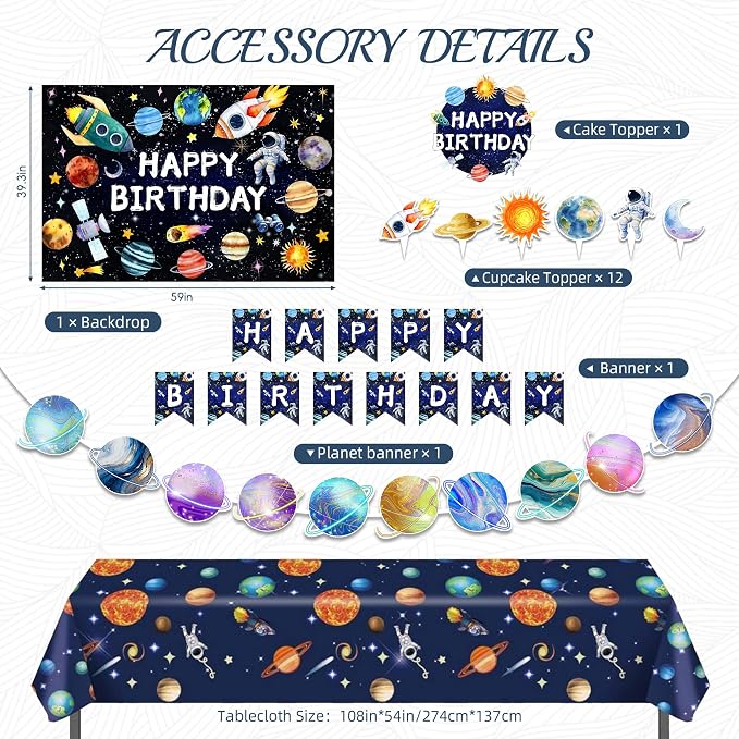 Space Birthday Party Decorations for Boys - 150x100cm Planet Backdrop, Astronaut Rocket Balloons, Galaxy Tablecloth, Hanging Swirls & Cake Toppers, Outer Space Themed Party Supplies Set