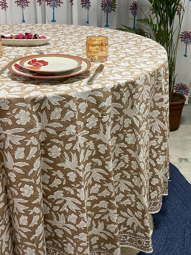 Ridhi Block Print Round Oak Brown Reusable Tablecloth 100% Cotton 90" Inch Decorative Table Cover eveyday Dining, Home, Party, Wedding, Farmhouse Gift for Spring, Easter, Valentine