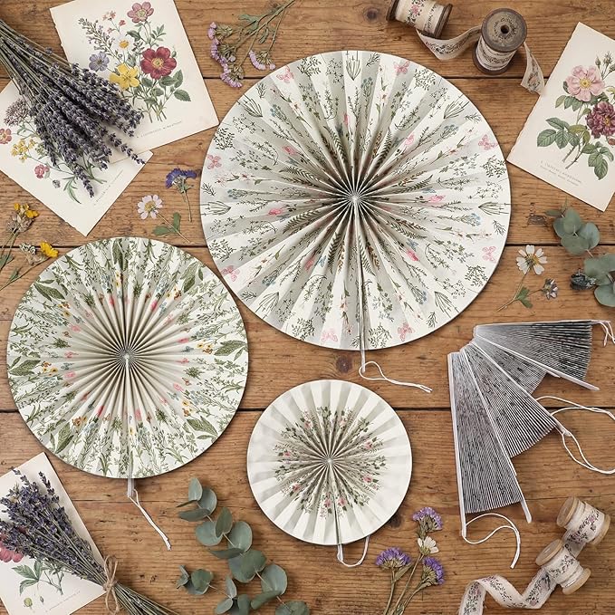 Feifeiya 12 Pcs Antique Herbs and Wild Floral Hanging Paper Fans 8'' 12'' 16'' Botanical Herbs Vintage Wildflower Paper Fans Hanging Ornaments Set for Wedding Birthday Spring Summer Party Decoration