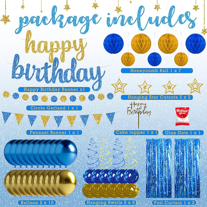 Blue and Gold Birthday Party Decorations Set - Happy Birthday Banner Balloons Foil Curtains Hanging Swirls for Men Women Kids Birthday Party Supplies