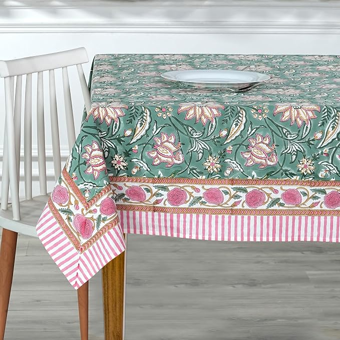 Ridhi Viridian Green Hand Block Print Cotton Rectangle Tablecloth 190" x 72" inches Reusable Table Cover Decorative Everyday Use for Dining Room, Farmhouse, Home Gift for Spring, Mother's Day