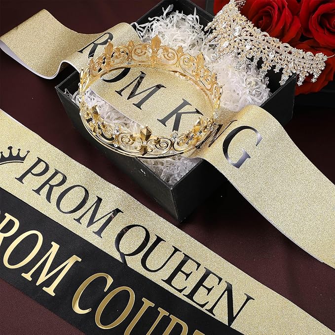 Saintrygo 12 Pcs Prom Crown and Sash Set, Prom King and Queen Tiara Rhinestone Crown Glitter Court Royal Satin Sash for 2026 Graduation Ball Dance Night Party Birthday Accessory(Gold,Classic)