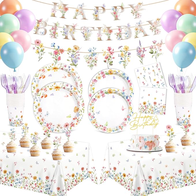 BORAMDO 206 PCS Wildflower Birthday Party Decoration, Spring Floral Baby Shower Decor with Plates Napkins Cups Cutlery Tablecloths Cake Toppers Banner Balloons for Flower Garden Party Supplies(White)