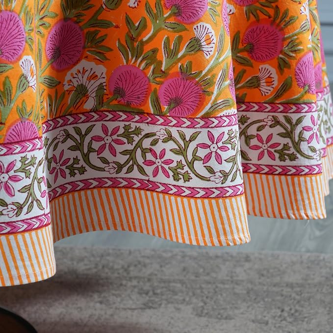 Ridhi Round Tablecloth Hand Block Print 100% Cotton Reusable Bubblegum Pink 90 Inch Table Cover Decorative Everyday Use for Dining, Home, Party, Wedding, Farmhouse, Party Gift for Spring, Mother's Day