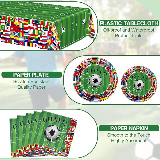 QZYL 122 Pcs 2026 World Soccer Party Decorations, Soccer Party Supplies Serve 30, Disposable Plates Napkins Tablecloth Forks, International World Flags Tableware Set for Sports Game Birthday Event