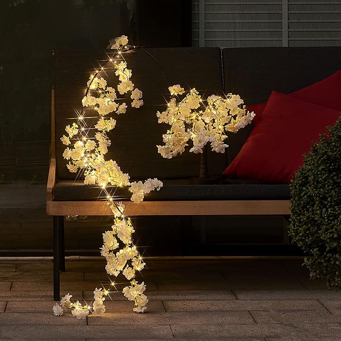 LITBLOOM Cherry Blossom Garland with Lights Battery Operated with Timer 96 Fairy Lights 6FT, Lighted White Flower Garland for Mantle Fireplace Wedding Party Spring Decoration Indoor Outdoor