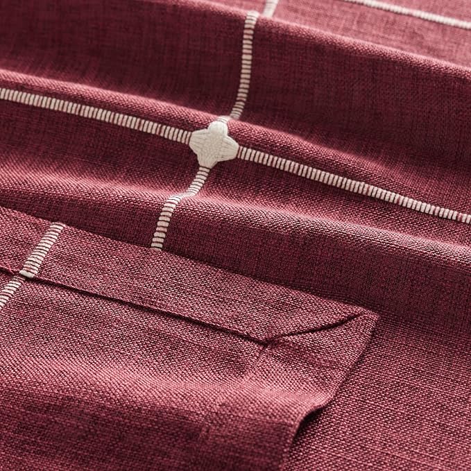 ZeeMart Grid Embroidered Hemmed Tablecloths, Burgundy 60x84 Inch, Farmhouse Style Heavy Weight Cotton Linen Red Tablecloths, Boho Plaid Water Resistant Rectangle Table Cloth