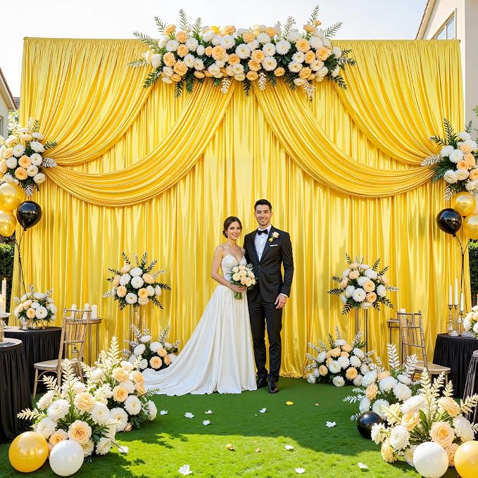 10x10ft Yellow Gold Glitter Backdrop Curtain for Parties, Wrinkle Free Satin Photo Backdrop Drapes 2 Panels 5x10FT Shimmer Back Drop Cloth for Wedding Birthday Stage Photography Background