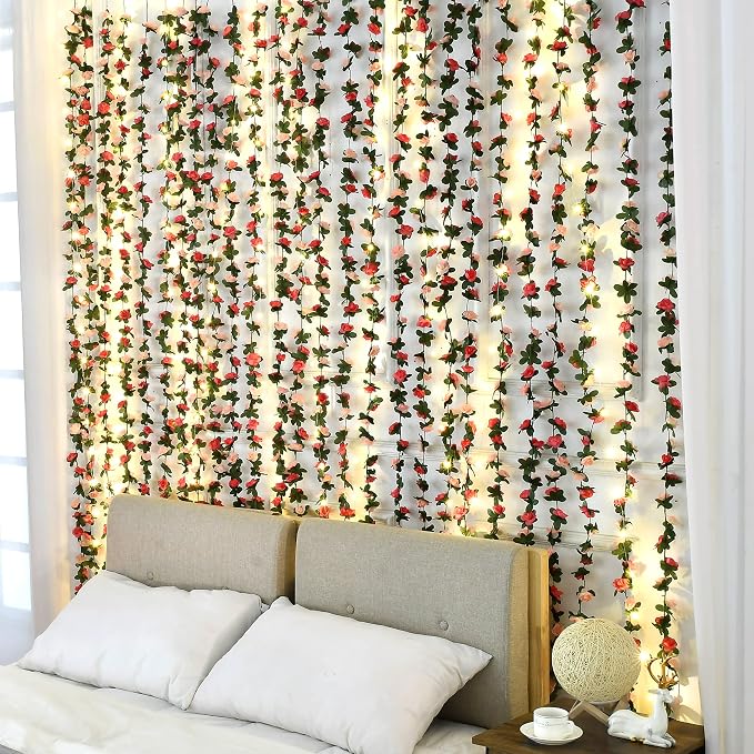 BLEUM CADE 2Pcs 16.4Ft Flower Garland Artificial Rose Vines with 16.4Ft String Lights, Cute Fake Hanging Flower Vines Floral Garland Decorations for Wedding Party Wall Room Decor Aesthetic