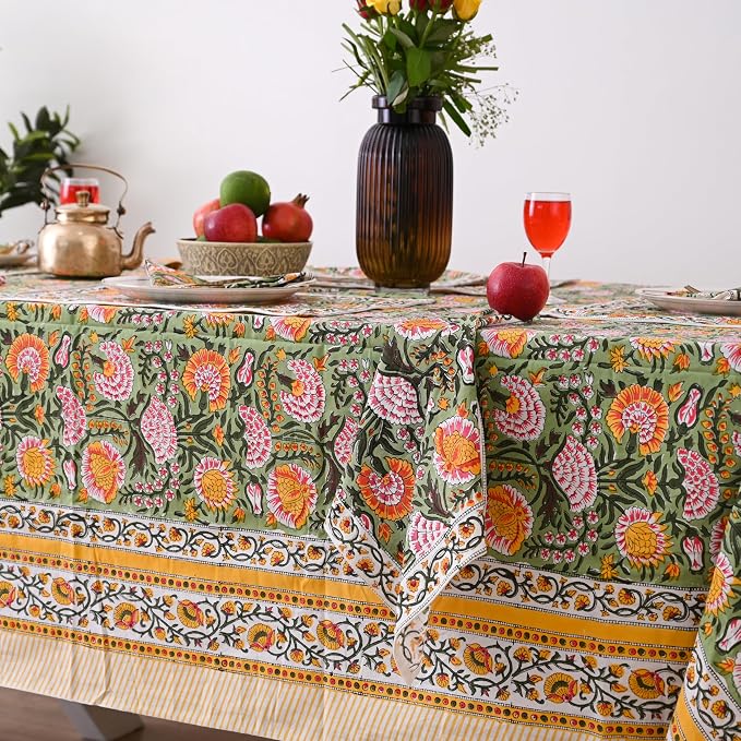 Hand Block Printed Tablecloth, Daisy Sunshine, 6 Seater 60 x 90 Inches Rectangle, Colorful Floral Print, Indian Artisan Handmade Art, Dining Room, Kitchen, Outdoor Décor, Party Decor