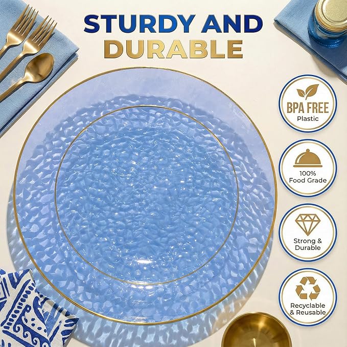 I00000 150Pcs Clear Blue Plastic Plates with Gold Rim,Blue Disposable Plates,Clear Hammer Patterned Disposable plates Set include 30 Dinner Plate,30 Dessert Plate,90 plastic Silverware Set for Party