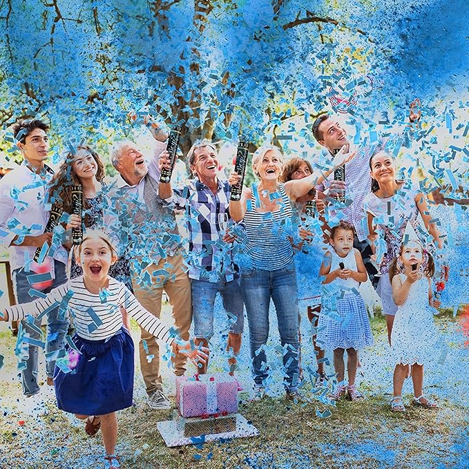 Gender Reveal Confetti Powder Cannon, Biodegradable, Boy Blue and Girl Pink Gender Reveal Poppers - He or She Smoke Bomb Baby Shower Baby Party Decorations Supplies Sticks (2 Blue)