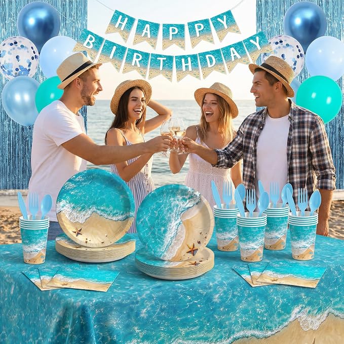 Beach Birthday Party Decorations, Beach Party Supplies, Plates and Napkins Sets [300 GSM], Tablecloths, Fringe Curtains, Banner, Ocean Themed Party Decorations, Under The Sea Beach Party Decorations