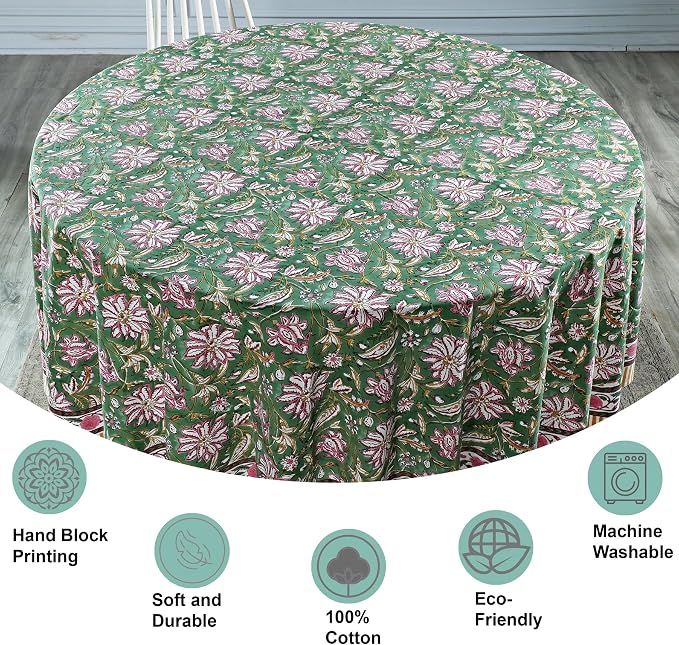 Ridhi Round Tablecloth Hand Block Print 100% Cotton Reusable Hunter Green 60 Inch Table Cover Decorative Everyday Use for Dining, Home, Party, Wedding, Farmhouse, Party Gift for Spring, Mother's Day