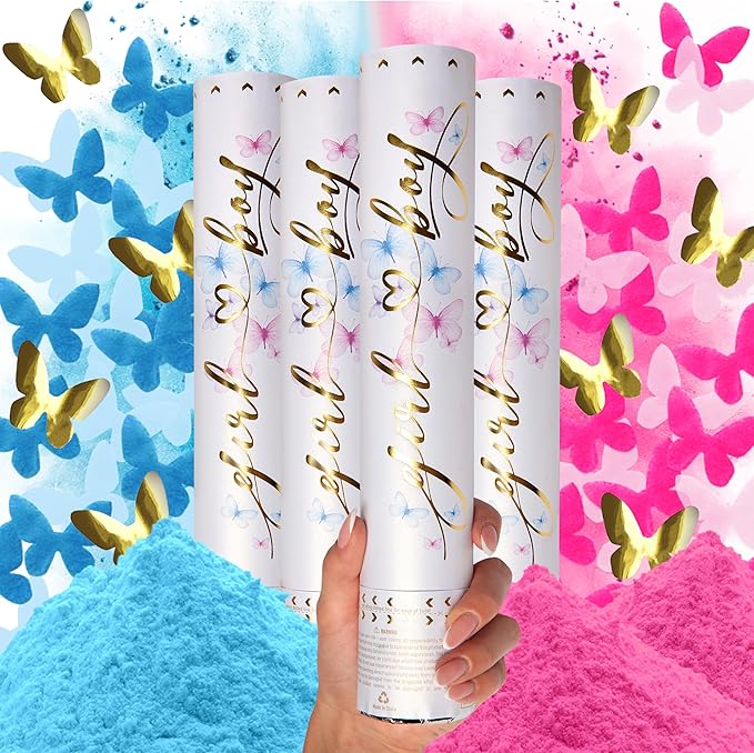 PrimePure Gender Reveal Confetti Cannon - Butterfly Confetti Popper & Biodegradable Powder Cannon - Pink & Blue, 4 Pack - Baby Girl or Boy Gender Reveal Smoke Bombs Baby Powder Paper Party Poppers