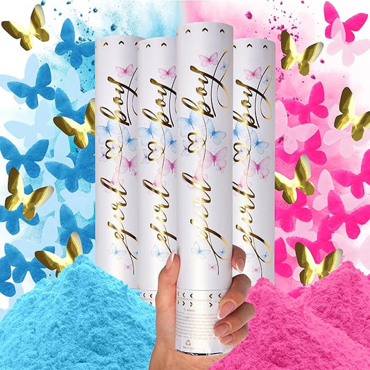 PrimePure Gender Reveal Confetti Cannon - Butterfly Confetti Popper & Biodegradable Powder Cannon - Pink & Blue, 4 Pack - Baby Girl or Boy Gender Reveal Smoke Bombs Baby Powder Paper Party Poppers