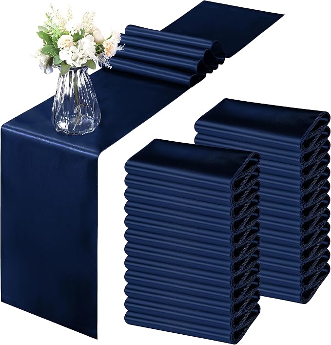 Horbaunal 24 Pack Navy Blue Satin Table Runner 12 x 108 Inch, Smooth Table Runners for Wedding Banquets Birthday Party