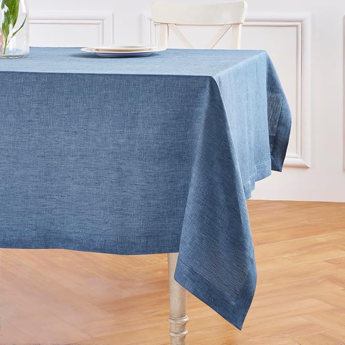 Solino Home Linen Tablecloth 60 x 144 Inch - 100% Pure Linen Blue Denim Table Cloth for Rectangle Tables - Athena, Machine Washable Tablecloth for Summer