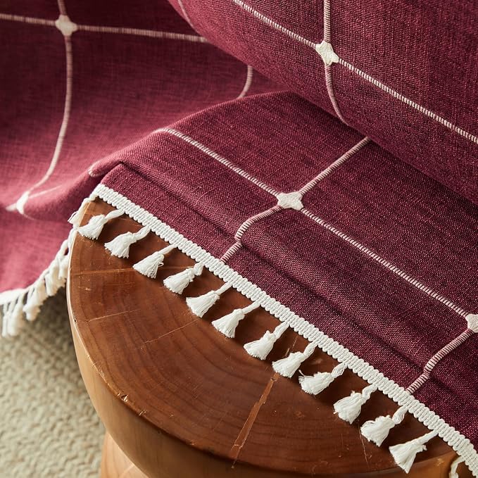 ZeeMart Boho Grid Table Cloth with Tassels (Burgundy, 60" x 104"), Heavy Weight Linen Checked Embroidered Farmhouse Tablecloth, Water Resistant Rectangle Red Tablecloths