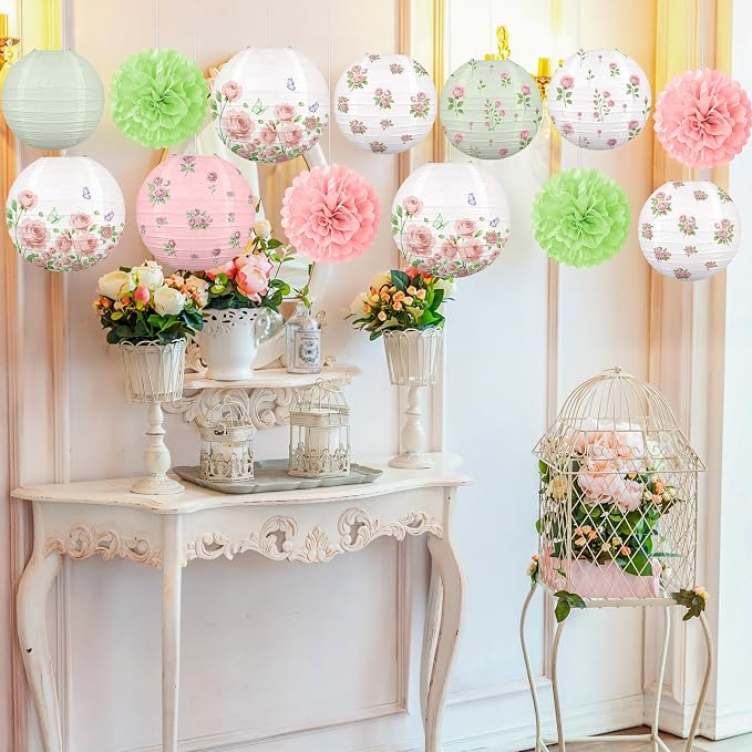 13PCS Spring Wildflower Bridal Shower Party Decorations Rose Paper Lanterns Pom Poms Valentines Day Garden Home Indoor Outdoor Decor