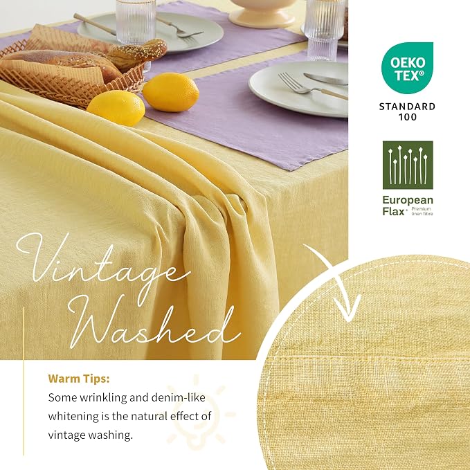 Linen World Vintage Tablecloths 60x108 Inch,100% French Linen Tablecloth,Classic Vintage Washed Table Cloths for Kitchen,Outdoor,Weddings,Decorative Thanksgiving Christmas,Mellow Yellow