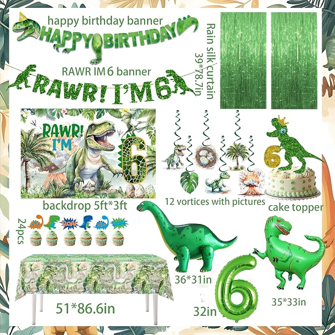 Dinosaur Boys 6th Birthday Dino Jurassic Six-a-sauras 6th Birthday Becorations For Boys Dinosaur 6th Birthday Party Supplies Include Banner, Backdrop, Tablecloth, Cake Toppers, Balloons