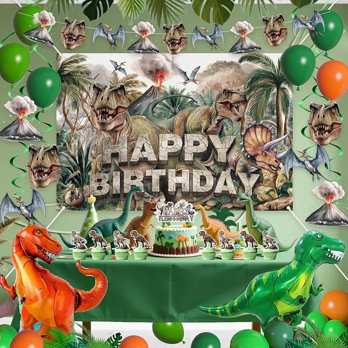 Dinosaur Birthday Party Decorations Set, 59x39in Jungle Prehistoric Photography Backdrop, T-Rex Foil Balloons, Latex Balloons, Tablecloth, Cake Toppers, Dino Roar Theme Supplies for Boys Kids
