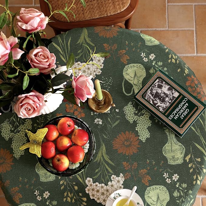 ISAENNE Designer Linen Green Round Tablecloth,Diameter 67"-Nocturne | Vintage Elegant Table Cloth for Round Table,Floral Pattern,Decoration,Heavyweight,Dining,Kitchen,Tea Party,Thanksgiving