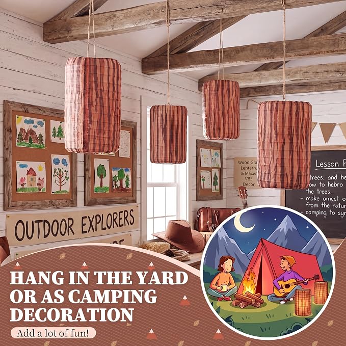 Zhengmy 12 Pack Paper Lanterns Woodland Hanging Paper Lantern Decorations Grain Foldable Party Decor for Camping Theme Baby Shower Birthday Wedding Classroom (Wood Stump)