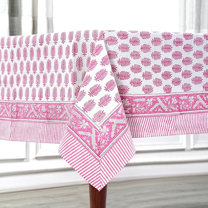 Ridhi Taffy Pink Hand Block Print Cotton Rectangle Tablecloth 102" x 48" inches Reusable Table Cover Decorative Everyday Use for Dining Room, Farmhouse, Home Gift for Spring, Mother's Day