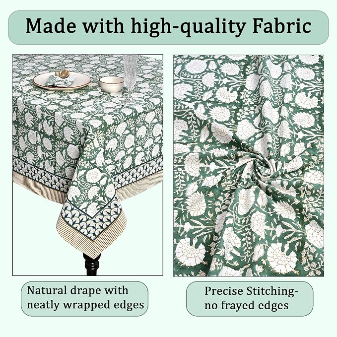 Ridhi Turquoise Moss Green Hand Block Print Cotton Rectangle Tablecloth 90" x 60" inches Reusable Table Cover Decorative Everyday Use for Dining Room, Farmhouse, Home Gift for Spring, Mother's Day