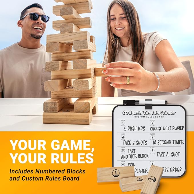 GoSports Giant Wooden Outdoor Stacking Game – Stacks Up to 3 ft – Large Toppling Tower with Case for Yard Games, Family Game Night, Camping, and Parties
