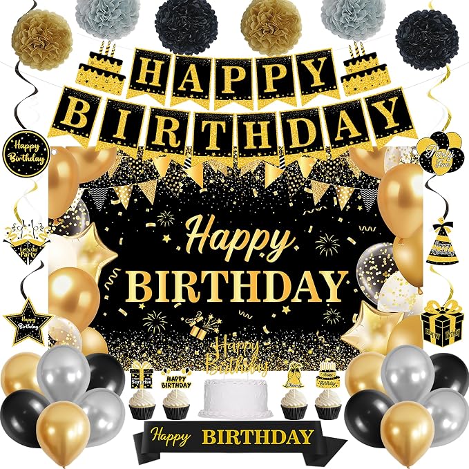 DARUNAXY Black Gold Birthday Decorations Set | Happy Birthday Banner & Sash, Balloons Pom Poms Cake Topper Hanging Swirls Birthday Decor Supplies for Men Women Boys Girls