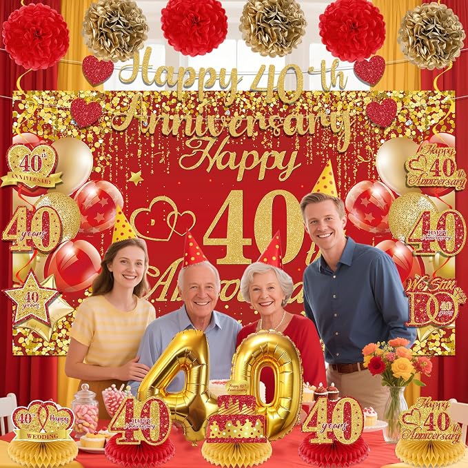 Red Gold 40th Wedding Anniversary Decorations Banner, 40th Anniversary Table Centerpieces Hanging Swirls Tissue Pompoms Foil Balloon for 40 Years Wedding Party Decoration Supplies