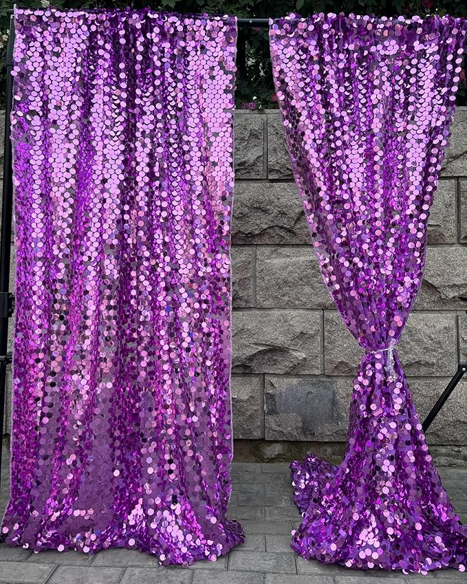 Purple Sequin Backdrop,18MM Large Sequin 4x10 ft, 2 Panel Glitter Shimmer Backdrop Photobooth Props for Decor, Parties, Home, Weddings