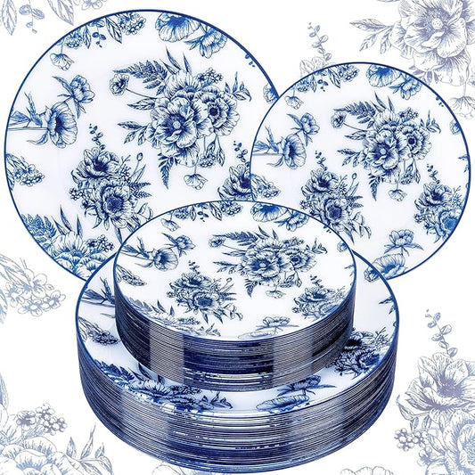 60PCS Blue Floral Plates Disposable - Blue Plastic Plates - Blue and White Plate Include 30 Dinner & 30 Dessert Plates for Bridal Birthday Wedding Spring Party Decorative