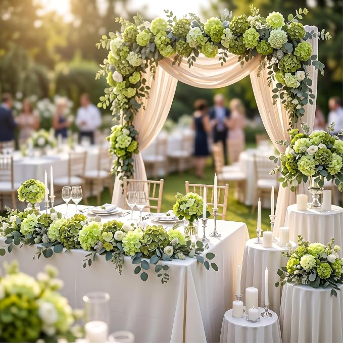 Auihiay 64Pcs Hydrangea Artificial Flowers Bulk, Faux Hydrangea Flowers Heads with Stems for Spring Wedding Garden Kitchen Counter Housewarming Home Party Decor(Mixed Green)