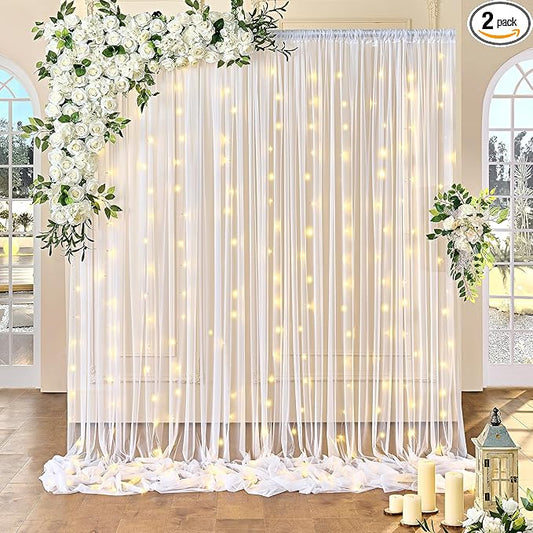 10FT x 7FT White Sheer Curtains with Lights String Tulle Curtain for Living Room Bedroom Parites Wedding Birthday Decorations 2 Panels 60" Wｘ84 L