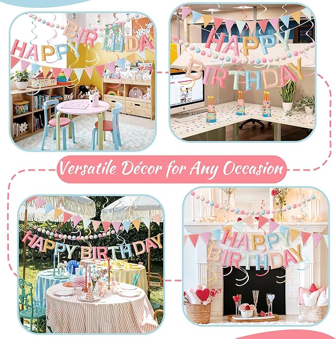 Kriyokiaa Pre-Strung Felt Happy Birthday Banner Retro Pastel Happy Birthday Party Decorations with Pom Pom Garland, Flag and Hanging Swrils for Women Girls Party Decor