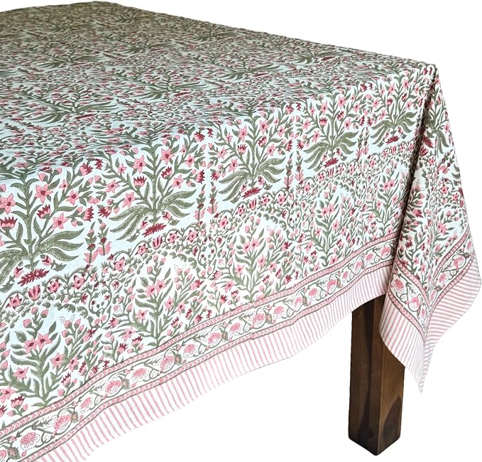 ATOSII Nargis Pink 100% Cotton Tablecloth, Handblock Print Rectangle Table Cover for Kitchen Dining Linen I Parties, Thanksgiving, Weddings, Easter Spring Summer I 72 X 140 Inches I 12 Seater