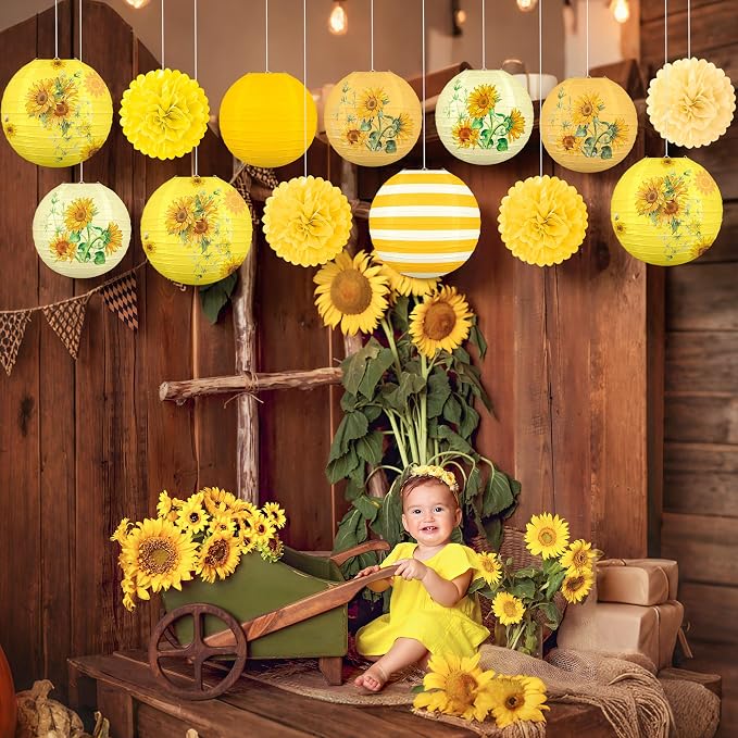 13PCS Sunflower Decor Paper Lanterns Pom Poms Summer Hanging Decor for Home Garden Indoor Outdoor