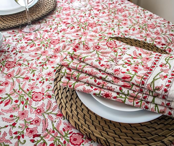 Block Print Peach Table Cloth- 54x108 Inch Rectangle 100% Cotton Handmade Pre-Shrink, Washable for Spring, Kitchen & Dining Perfect for Chirstmas, Patio, Indoor & Outdoor, Farmhouse